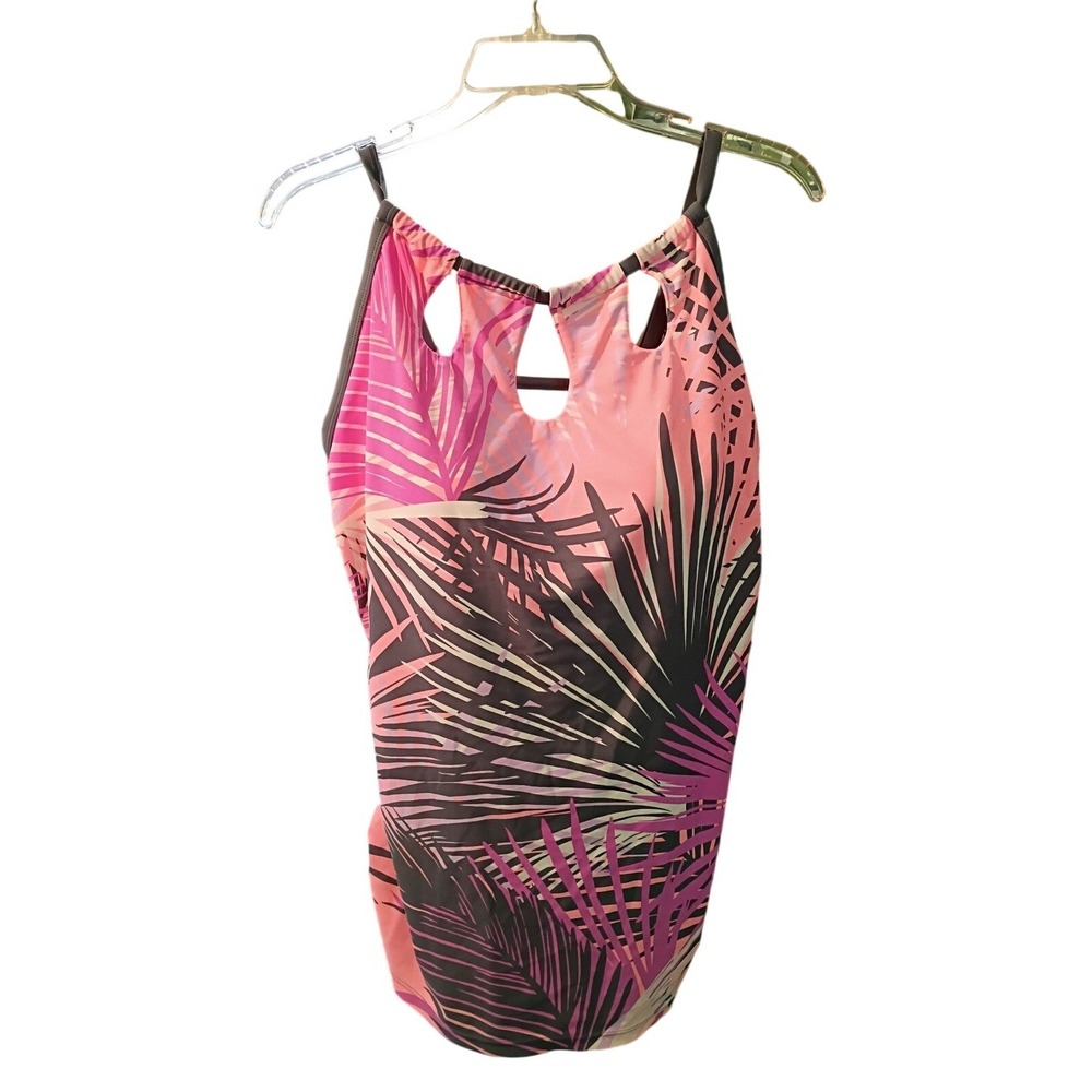 Free Country Women XXL 18 Tankini Swim Top Pink Tropical Palm Keyhole Cinch Side